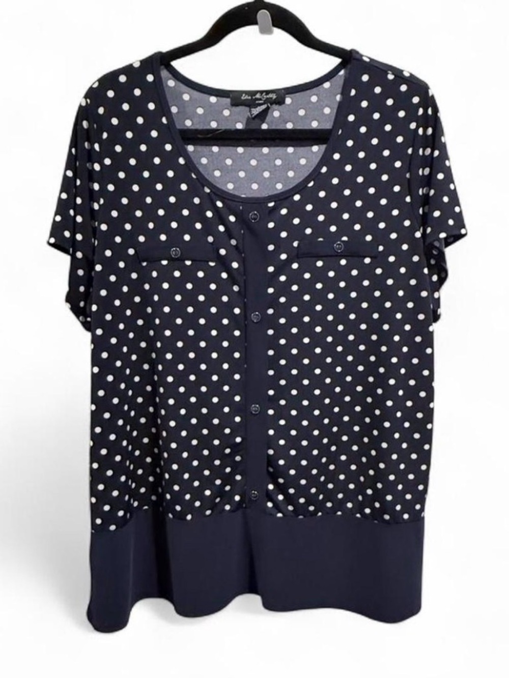 Elie McCarthy Navy Polka Dot Short Sleeve Button Front Top